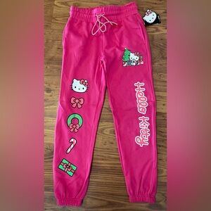 Hello Kitty women's holiday graphic jogger pants bright pink fleece size xs new